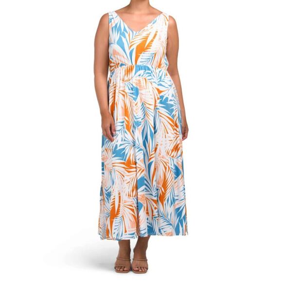New Cynthia Rowley Women's Plus Tropical Palm Print Sleeveless V-neck Maxi Dress - Picture 1 of 5
